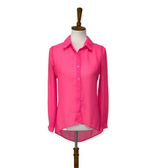 Neon pink sheer button front high low blouse top with vent cutout back medium - Picture 1 of 9